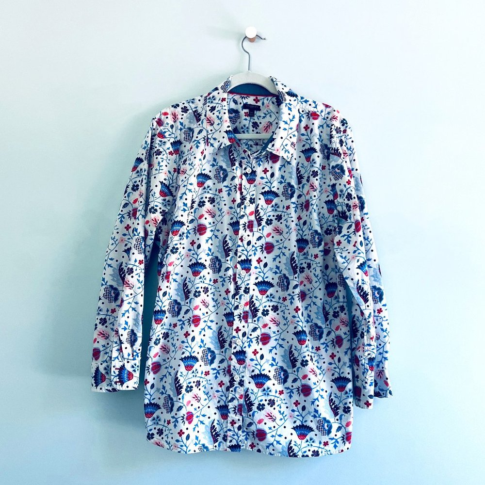 Talbots - 3X Long Sleeve Blouse - Pink and Blue Paisley on White